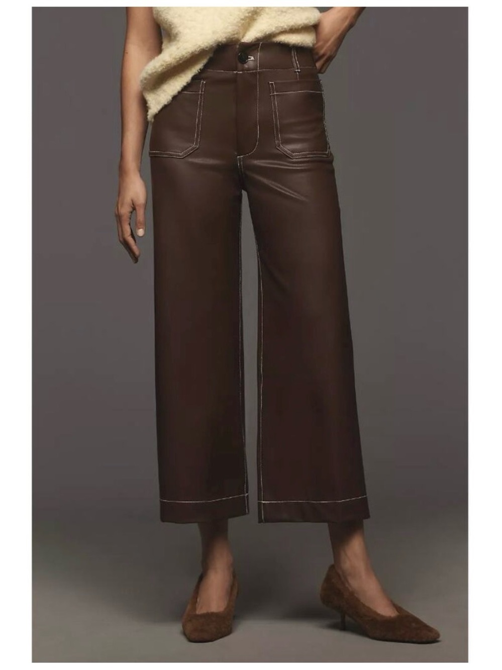 Colette Crop Wide-Leg Faux Leather Pants in Chocolate